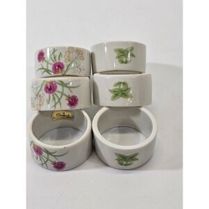 Set of 6 Shafford Japan Ceramic Napkin Rings Floral and Herb Designs Dinner EUC